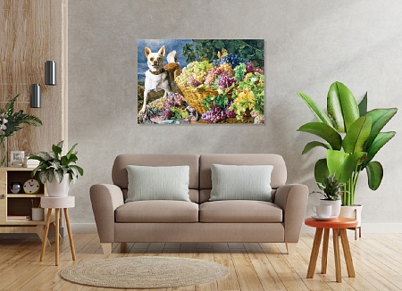 Картина на стену Фердинанд Георг Вальдмюллер Пейзаж с собакой и корзиной винограда / картина на холсте интерьерная / пано 60 х 40 см